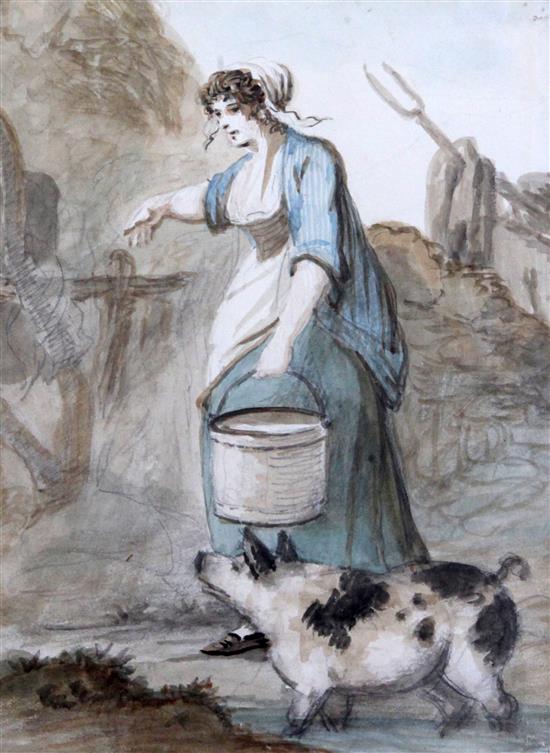 Henry William Bunbury (1750-1811) A woman carrying a bucket with a pig at her side 8.5 x 6.5in.